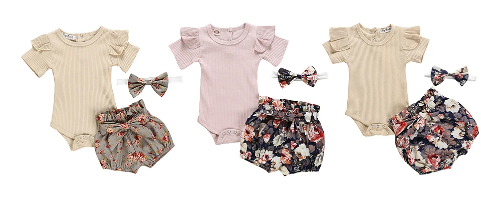 Newborn Baby Girl Clothes Set Summer Solid Color Short Sleeve Romper Flower Shorts Headband 3Pcs Outfit New Born Infant Clothing