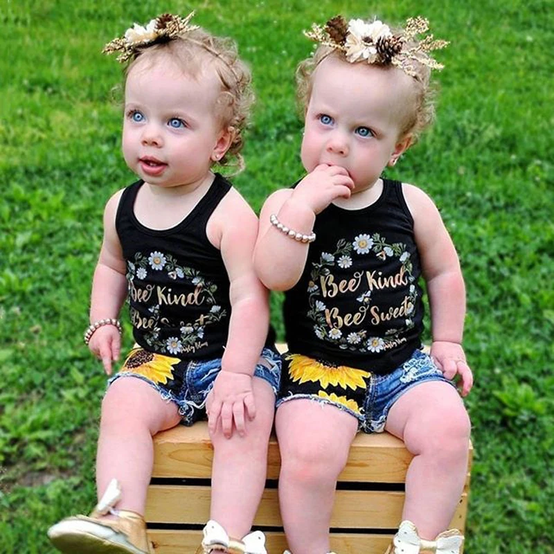 Baby Girls Floral T-shirt Tops Vest Denim Jeans Shorts 2Pc Set 1-7T