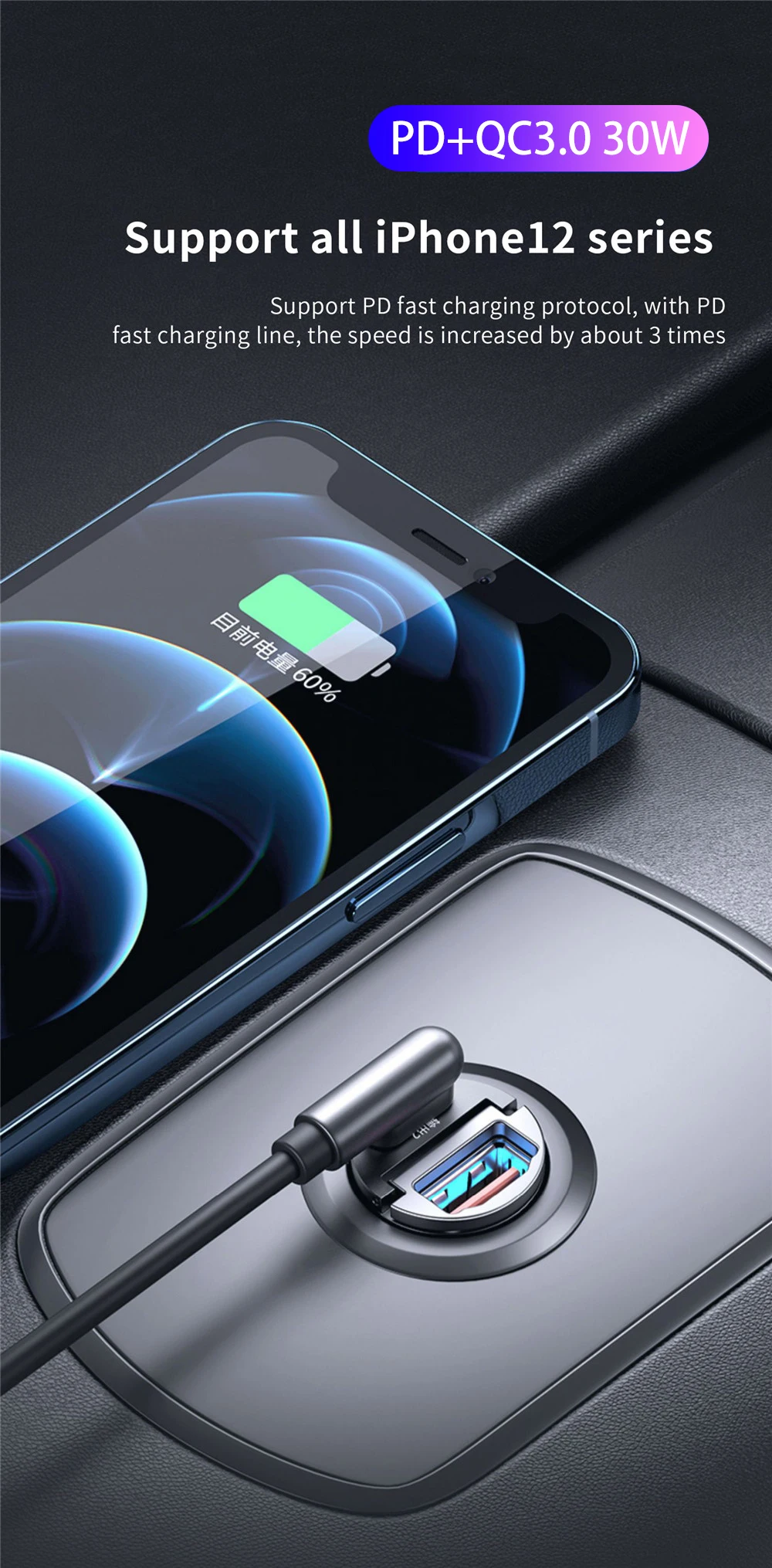 100W/200W QC3.0 PD Mini Car Charger 12-24V