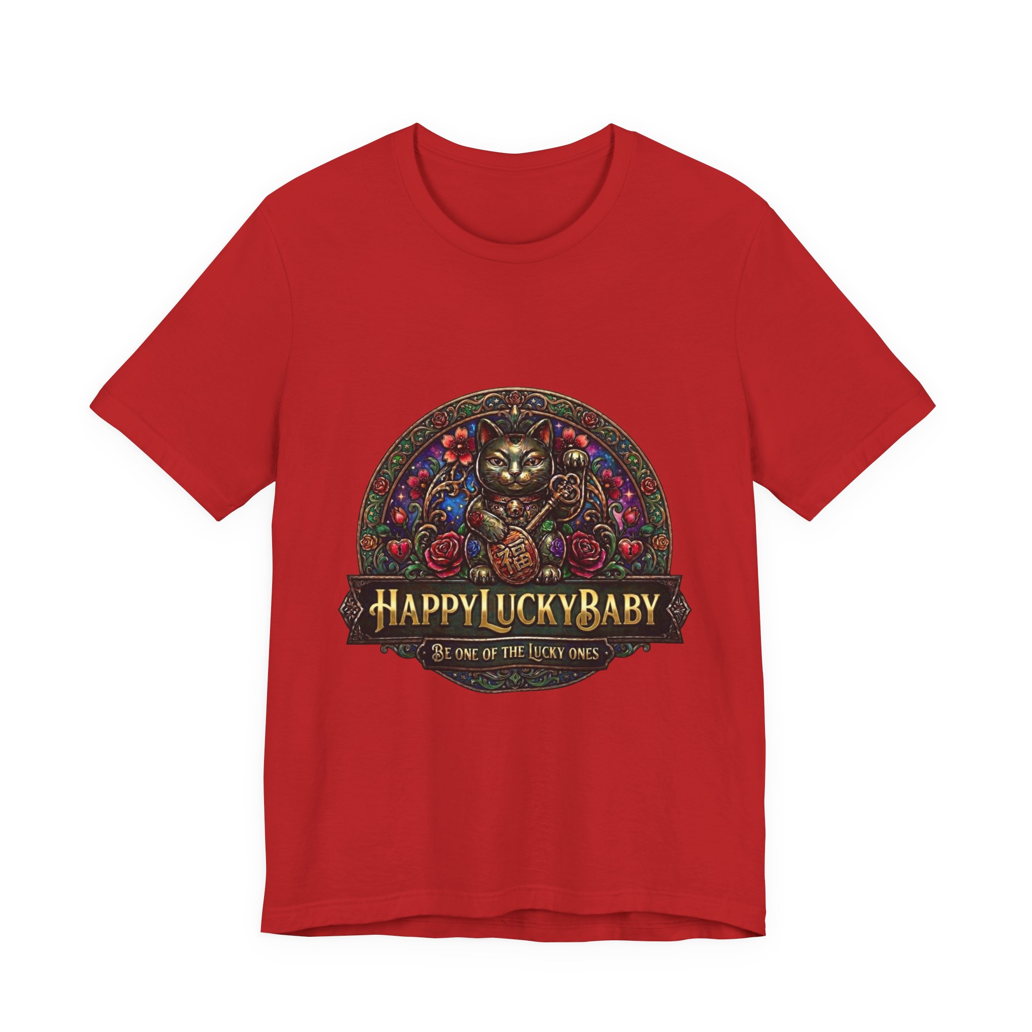 Lucky Cat Graphic Tee - "Happy Lucky Baby" Retro Floral Maneki Neko T-Shirt - Image 49