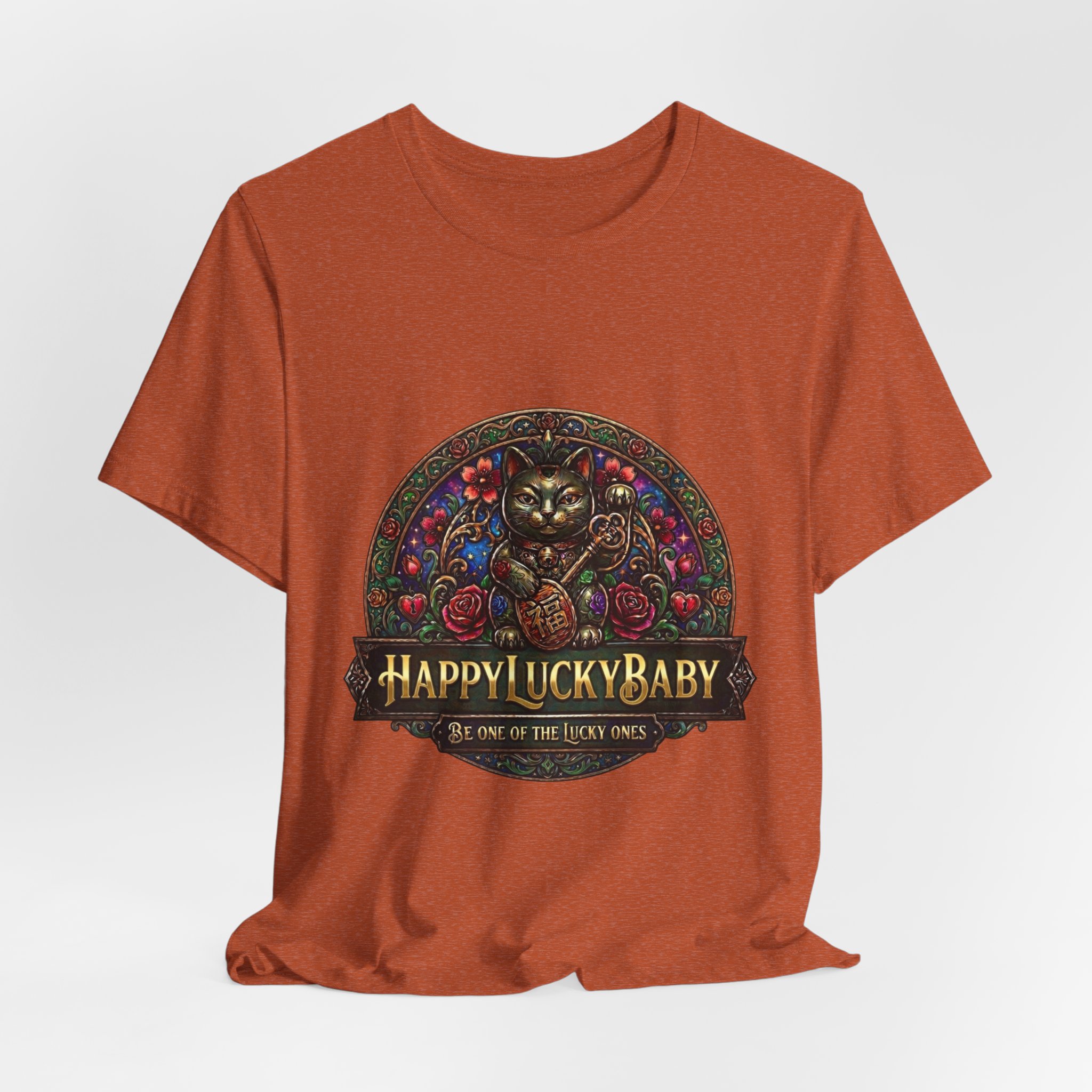 Lucky Cat Graphic Tee - "Happy Lucky Baby" Retro Floral Maneki Neko T-Shirt - Image 28