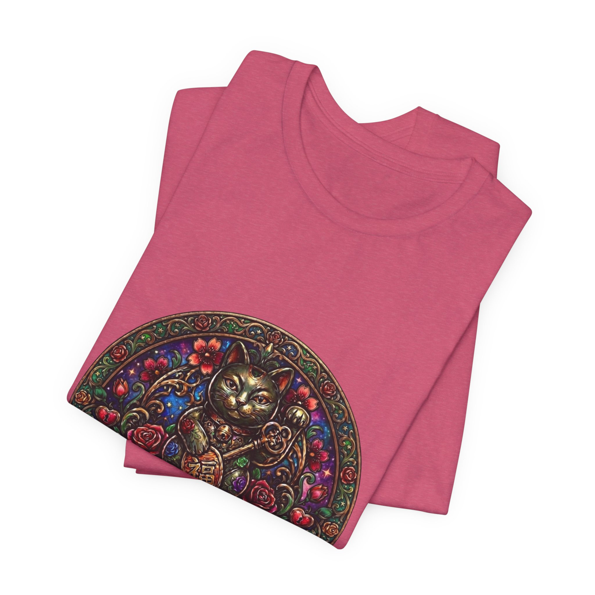 Lucky Cat Graphic Tee - "Happy Lucky Baby" Retro Floral Maneki Neko T-Shirt - Image 43