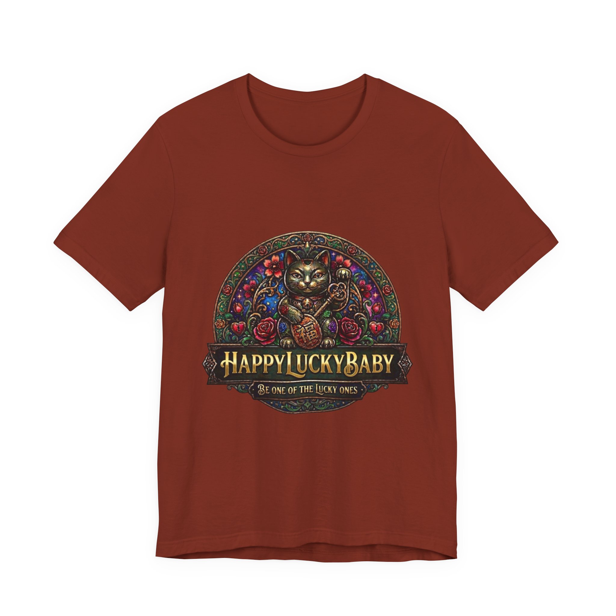 Lucky Cat Graphic Tee - "Happy Lucky Baby" Retro Floral Maneki Neko T-Shirt - Image 13