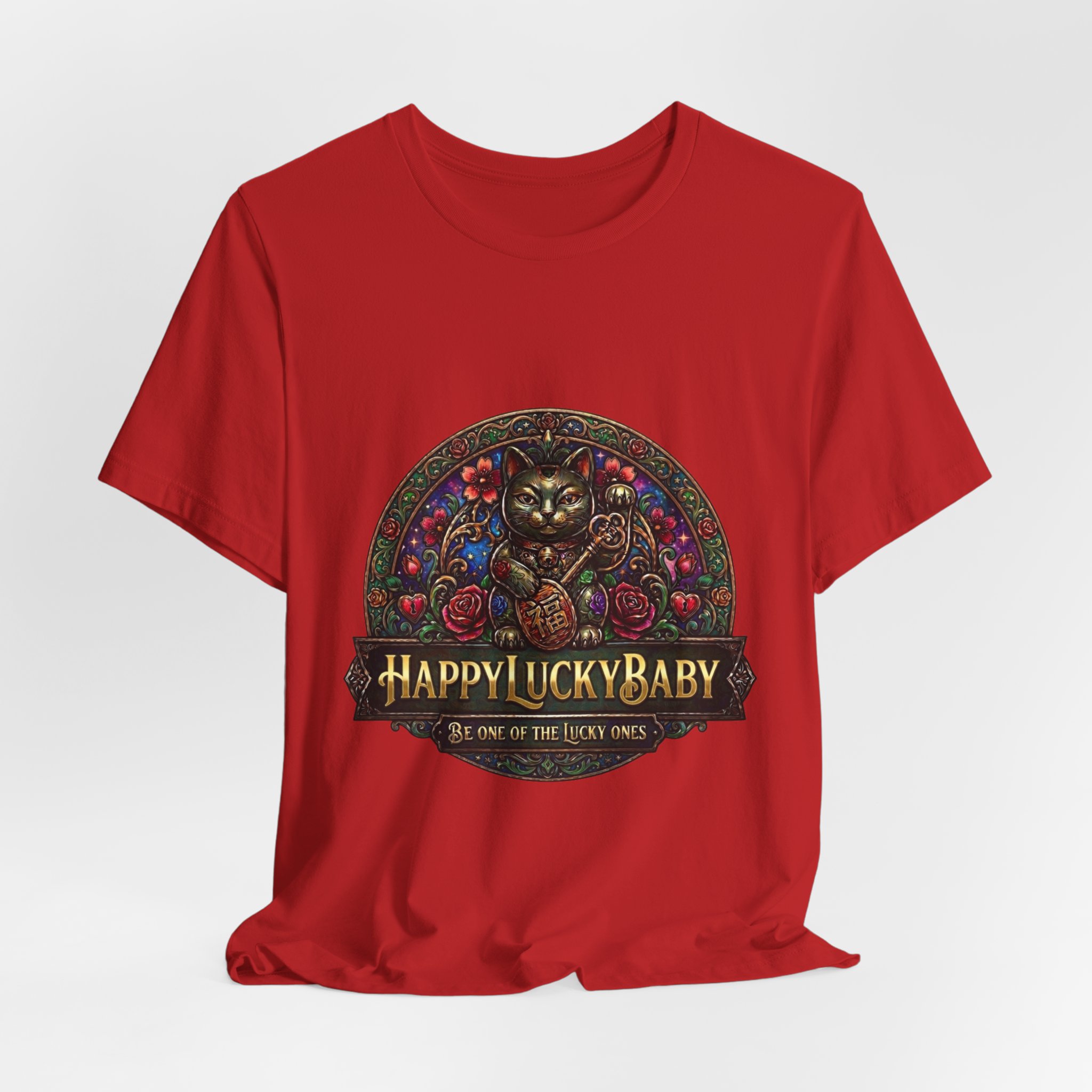 Lucky Cat Graphic Tee - "Happy Lucky Baby" Retro Floral Maneki Neko T-Shirt