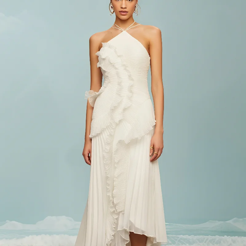 Chic pleated halter neck long vacation dress high quality