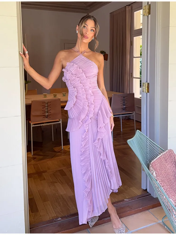 Chic pleated halter neck long vacation dress high quality