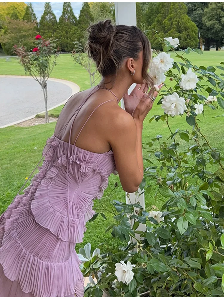 Chic pleated halter neck long vacation dress high quality