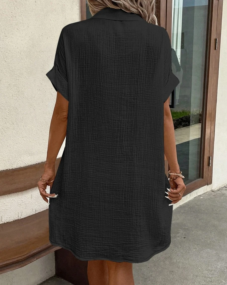 Vintage Women Solid Mini Dress Summer Fashion V-neck