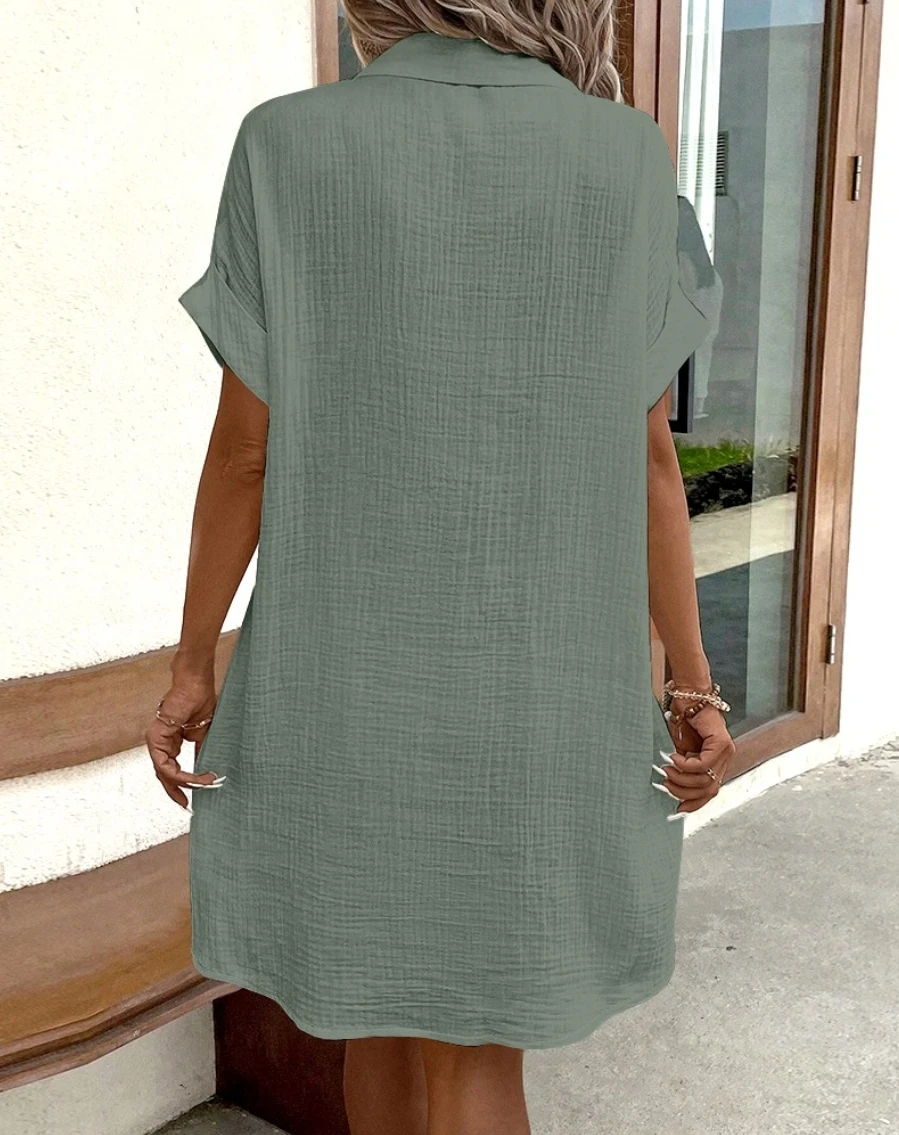 Vintage Women Solid Mini Dress Summer Fashion V-neck