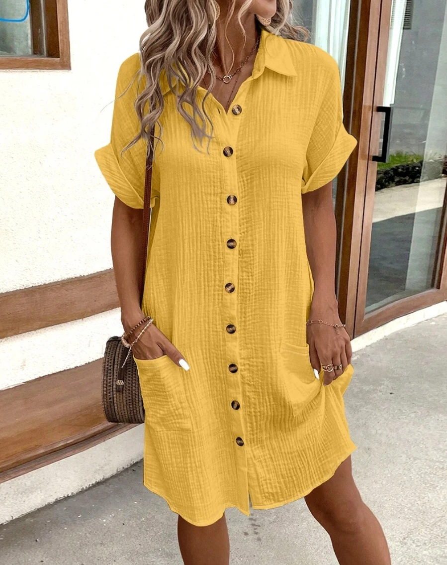 Vintage Women Solid Mini Dress Summer Fashion V-neck
