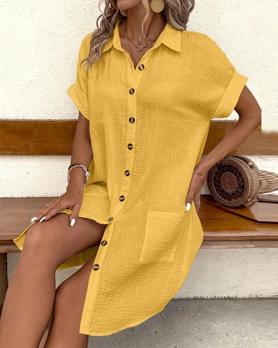 Vintage Women Solid Mini Dress Summer Fashion V-neck