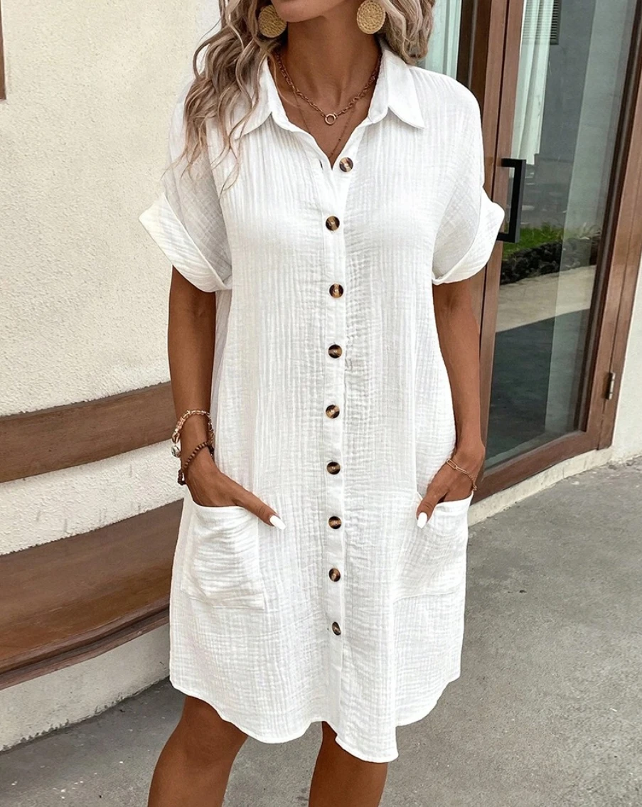 Vintage Women Solid Mini Dress Summer Fashion V-neck