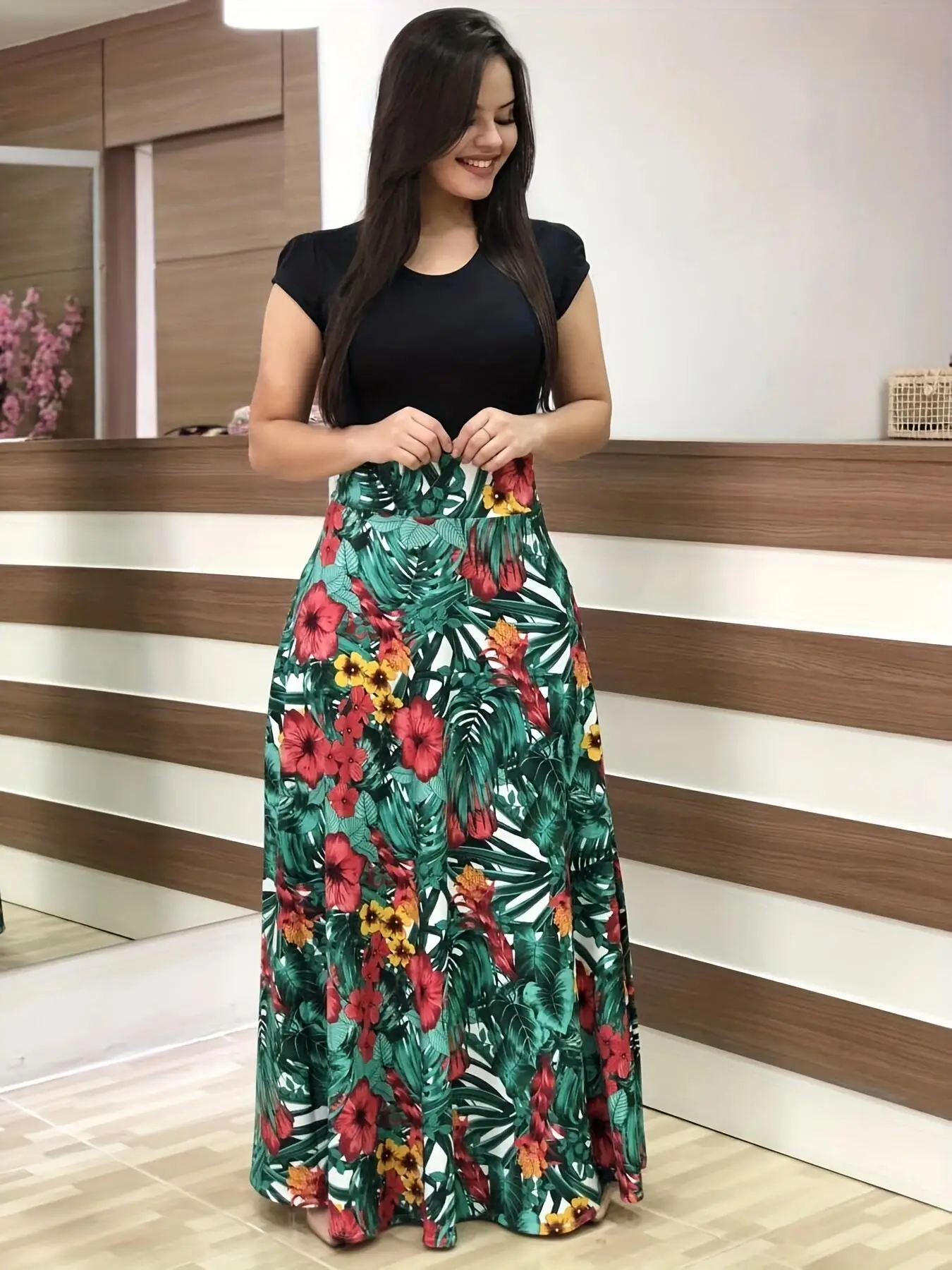 European/American style flower print short sleeved dress