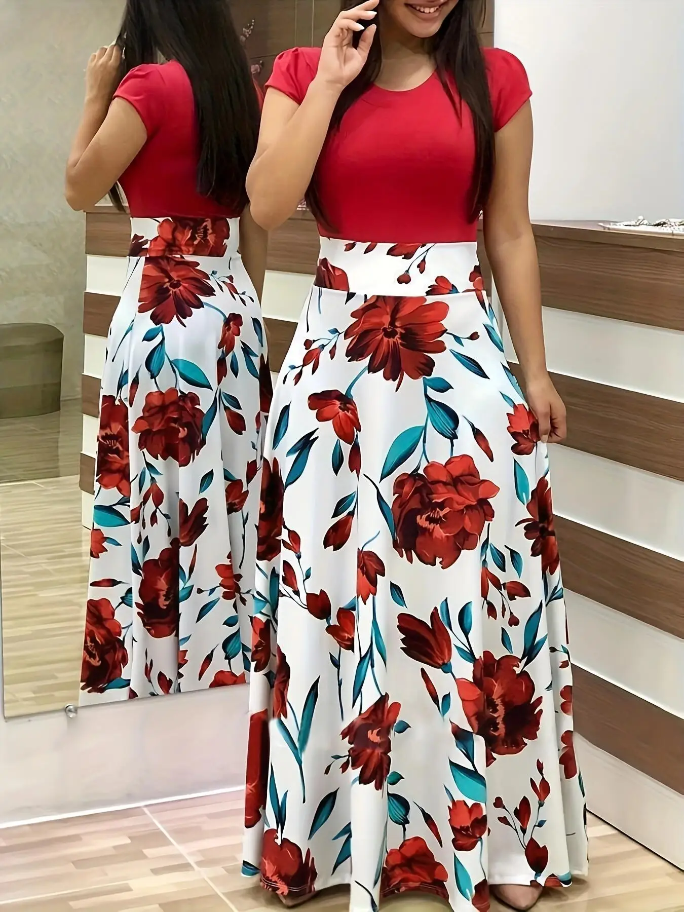 European/American style flower print short sleeved dress