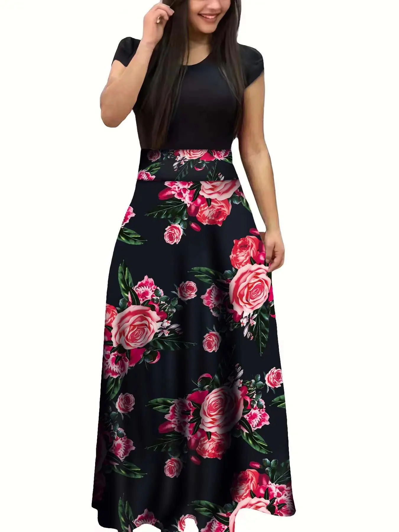 European/American style flower print short sleeved dress