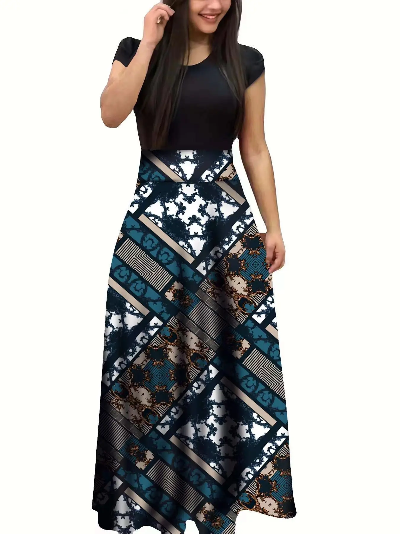 European/American style flower print short sleeved dress