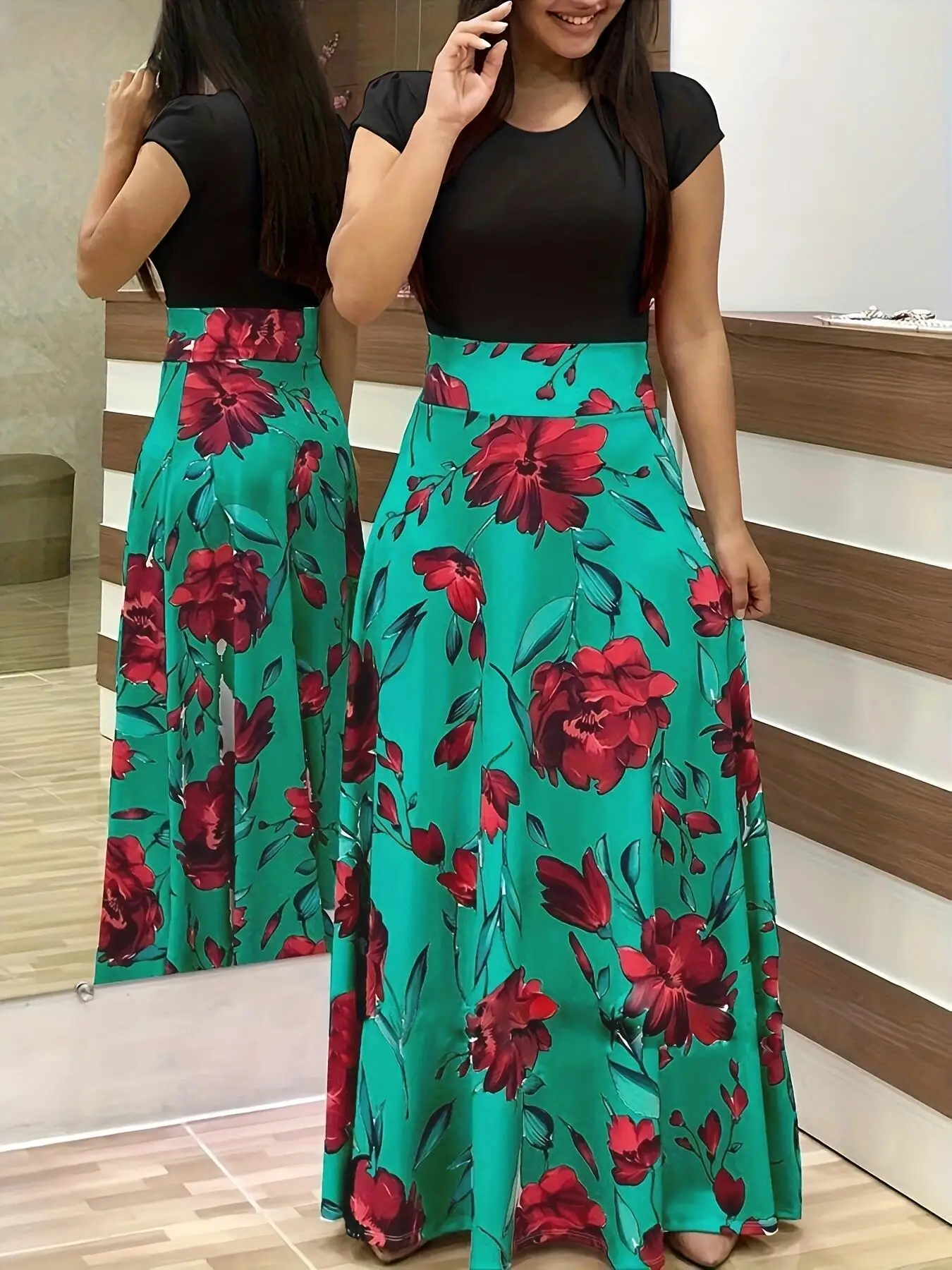European/American style flower print short sleeved dress