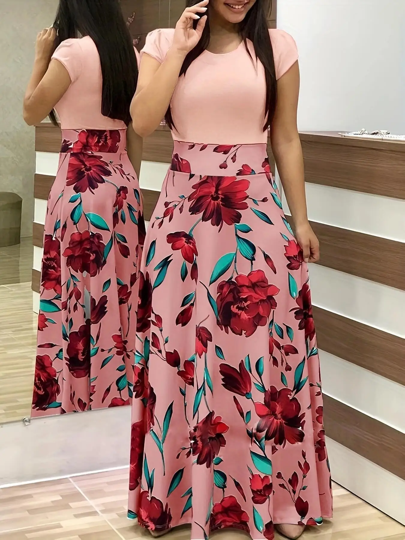 European/American style flower print short sleeved dress
