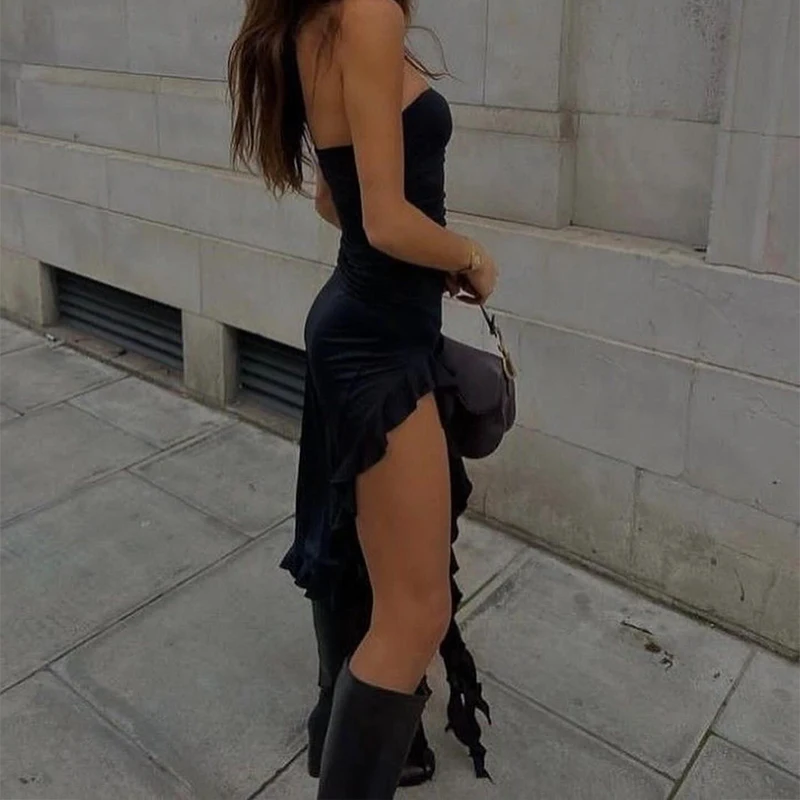 Women Strapless Sexy Floral High Slit Mini Dress