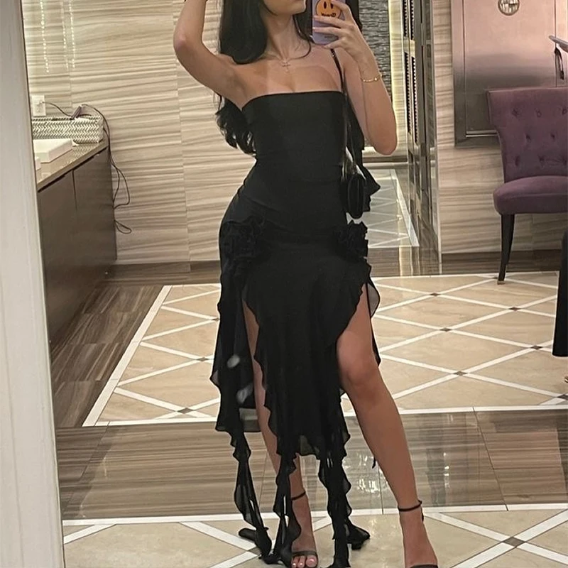 Women Strapless Sexy Floral High Slit Mini Dress