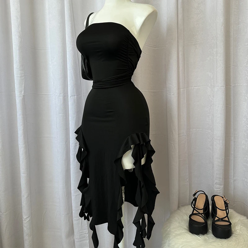 Women Strapless Sexy Floral High Slit Mini Dress