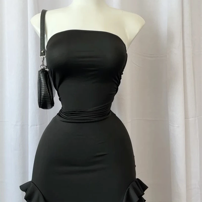 Women Strapless Sexy Floral High Slit Mini Dress