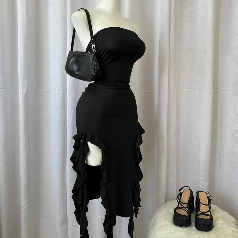 Women Strapless Sexy Floral High Slit Mini Dress
