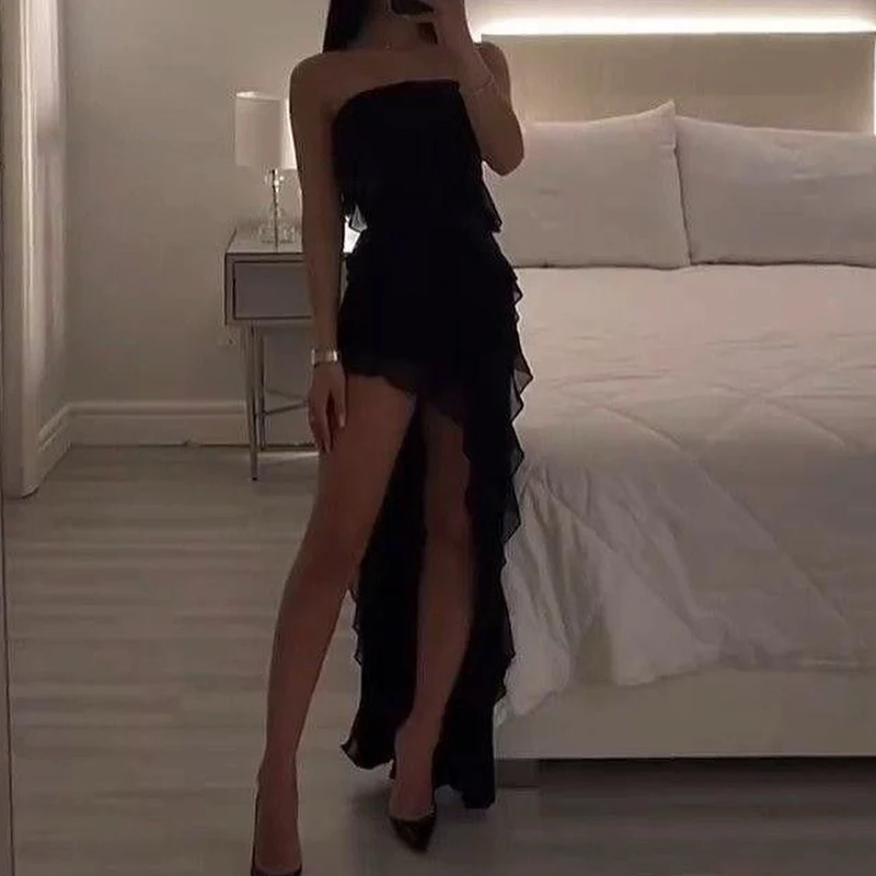 Women Strapless Sexy Floral High Slit Mini Dress