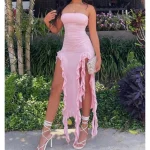 Women Strapless Sexy Floral High Slit Mini Dress