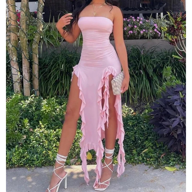 Women Strapless Sexy Floral High Slit Mini Dress