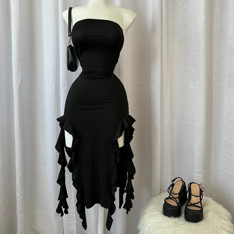 Women Strapless Sexy Floral High Slit Mini Dress