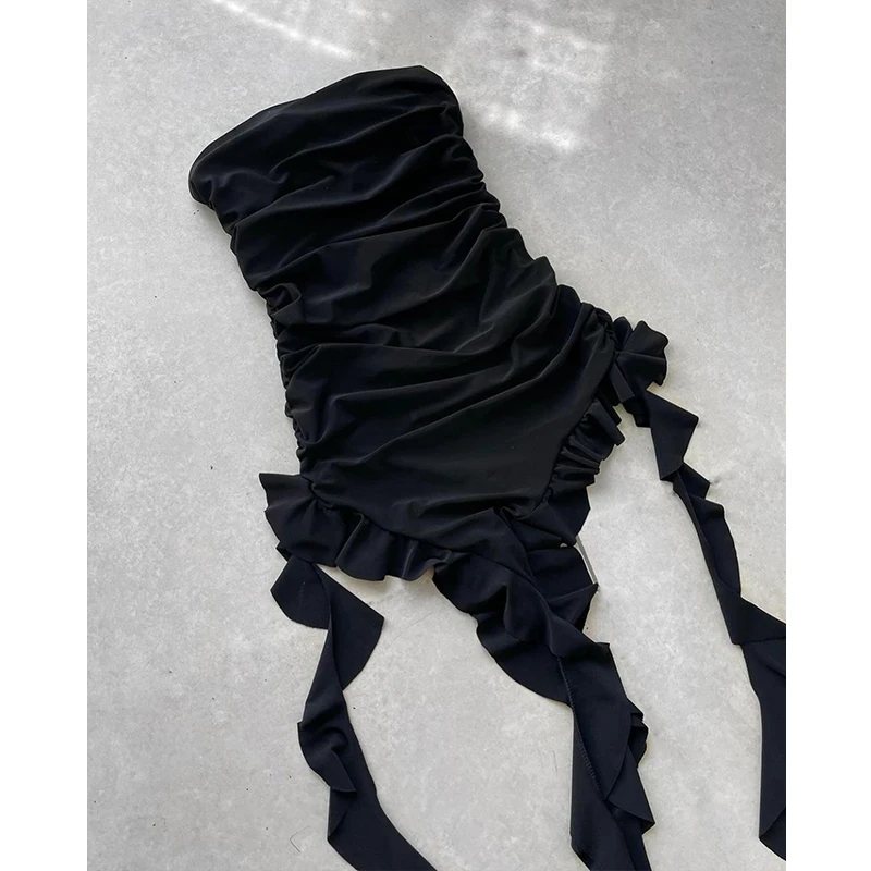 Women Strapless Sexy Floral High Slit Mini Dress