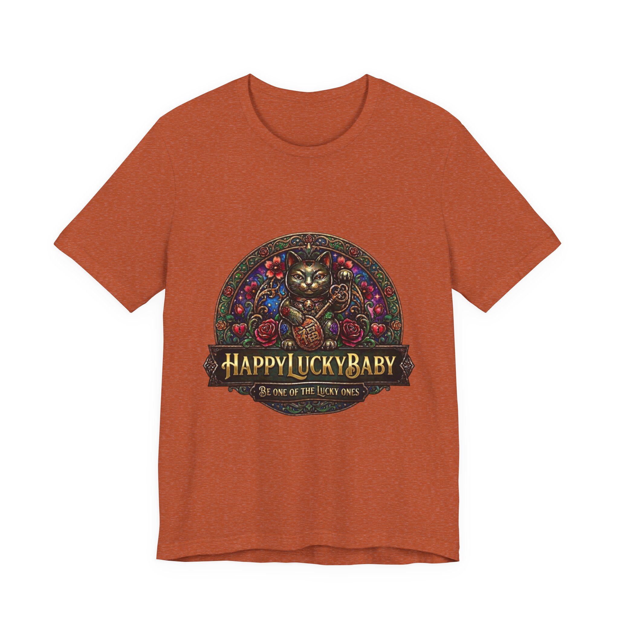 Lucky Cat Graphic Tee - "Happy Lucky Baby" Retro Floral Maneki Neko T-Shirt - Image 25