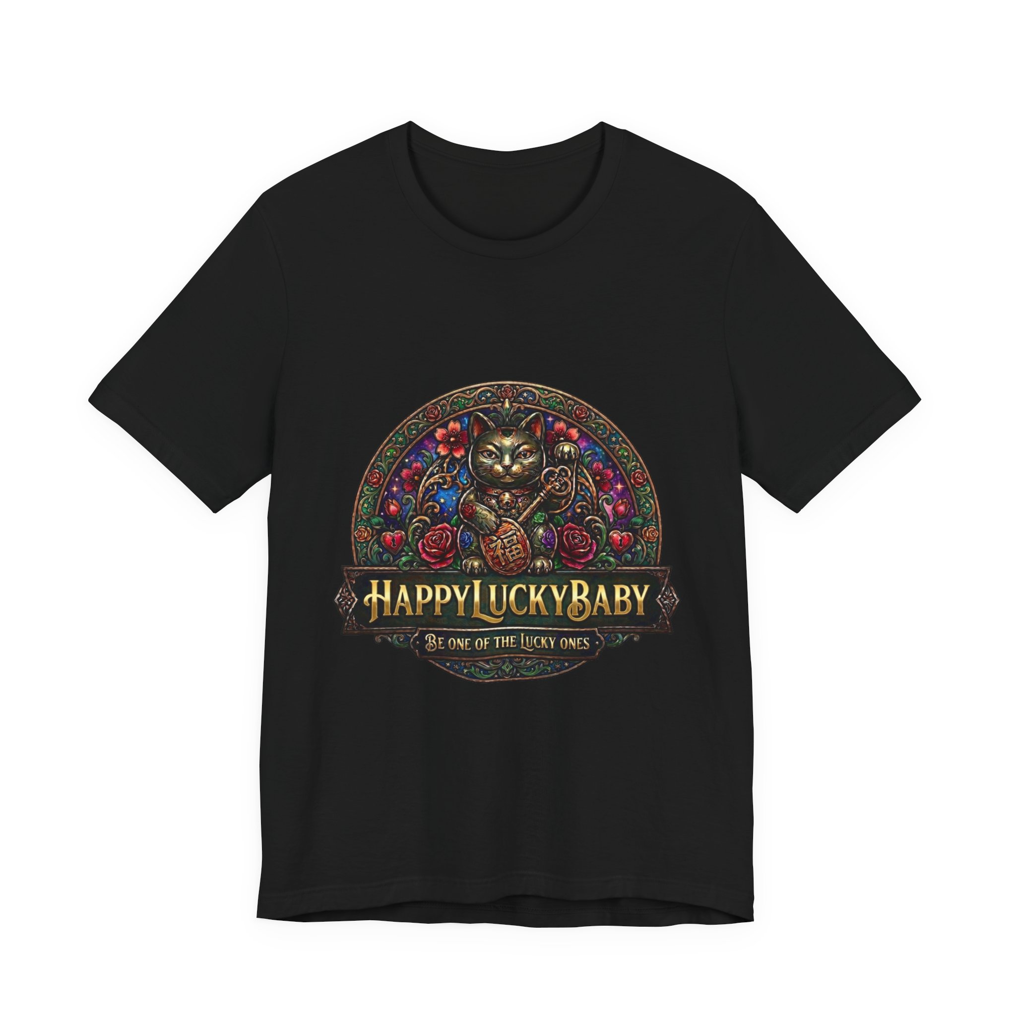 Lucky Cat Graphic Tee - "Happy Lucky Baby" Retro Floral Maneki Neko T-Shirt - Image 17
