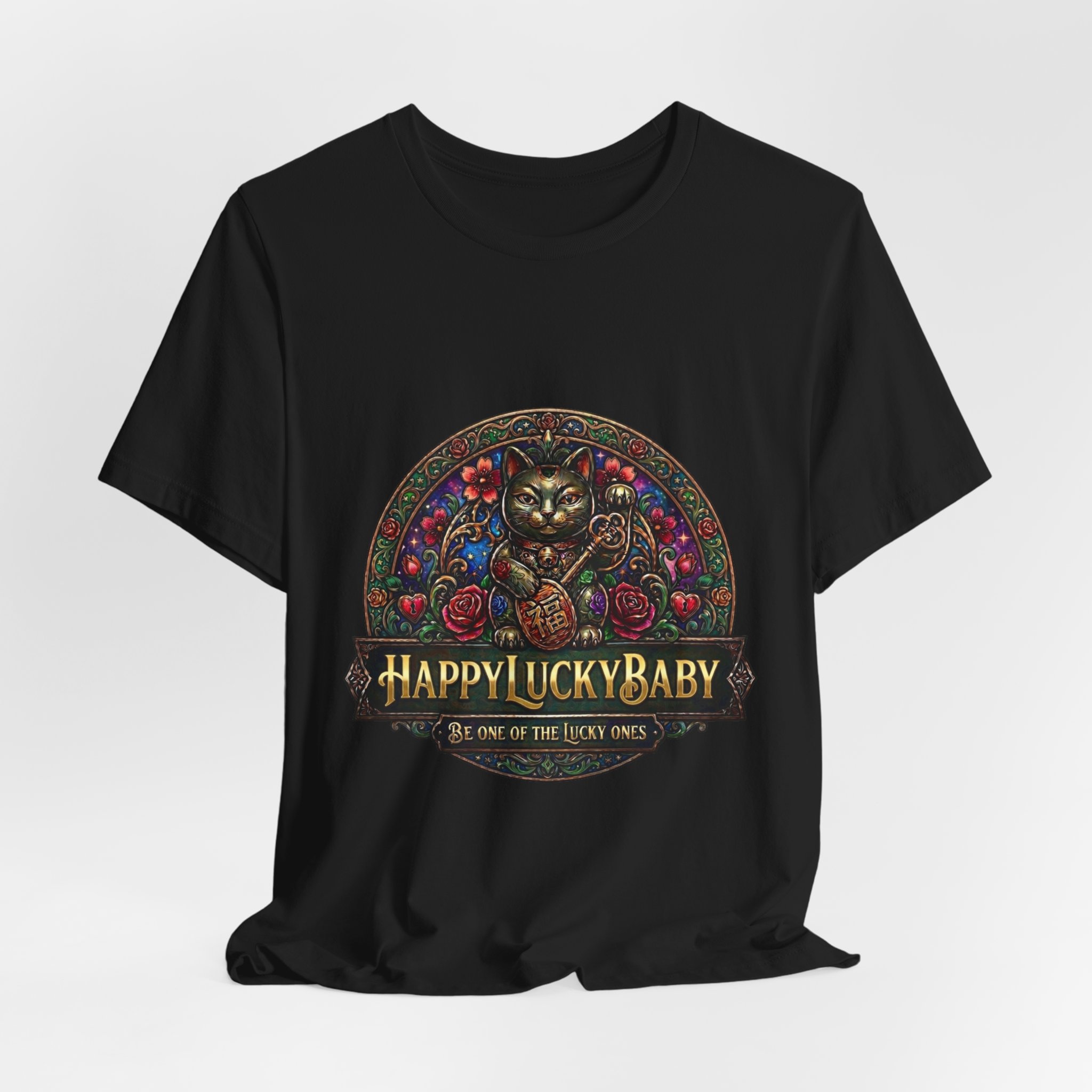 Lucky Cat Graphic Tee - "Happy Lucky Baby" Retro Floral Maneki Neko T-Shirt - Image 20