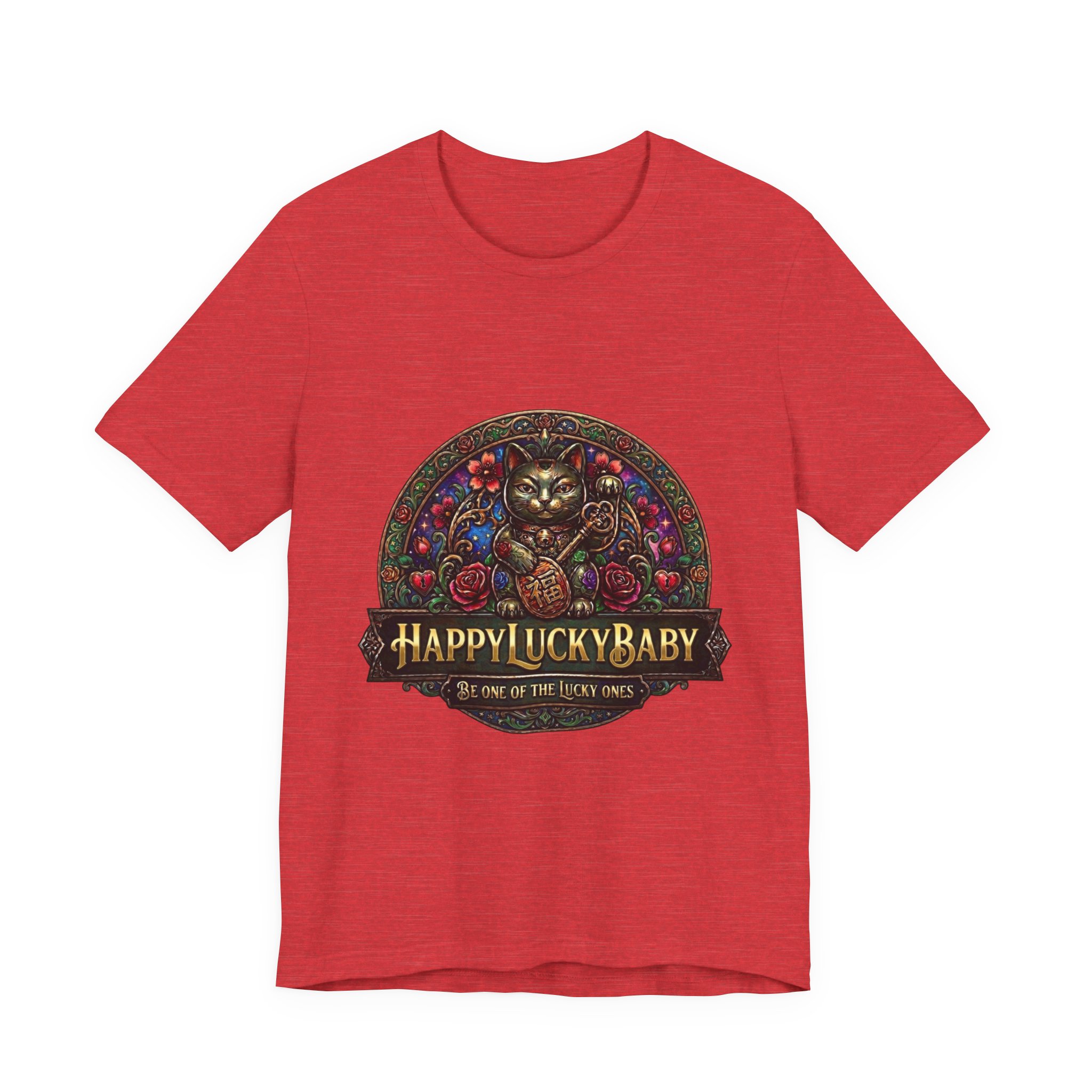 Lucky Cat Graphic Tee - "Happy Lucky Baby" Retro Floral Maneki Neko T-Shirt - Image 45