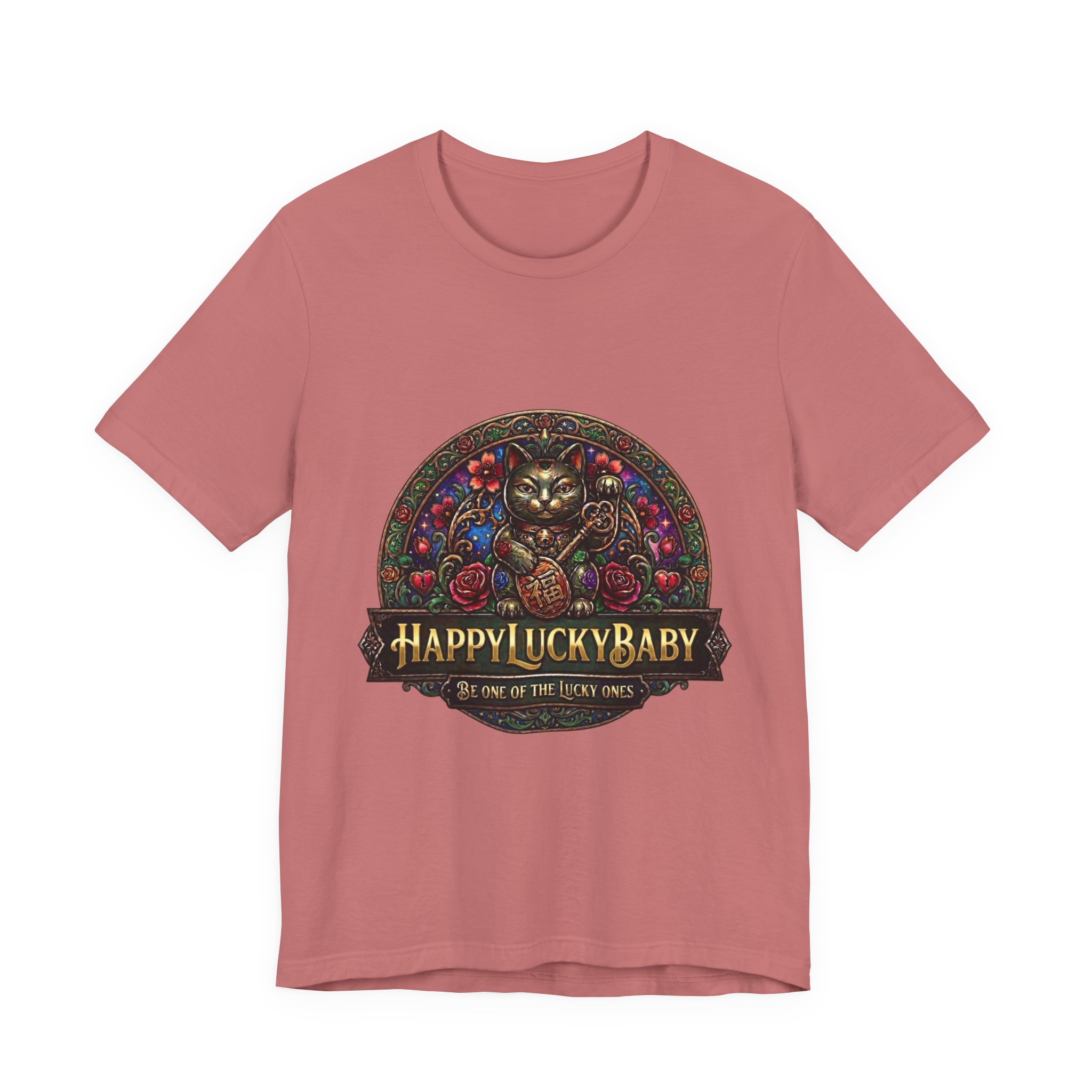 Lucky Cat Graphic Tee - "Happy Lucky Baby" Retro Floral Maneki Neko T-Shirt - Image 9