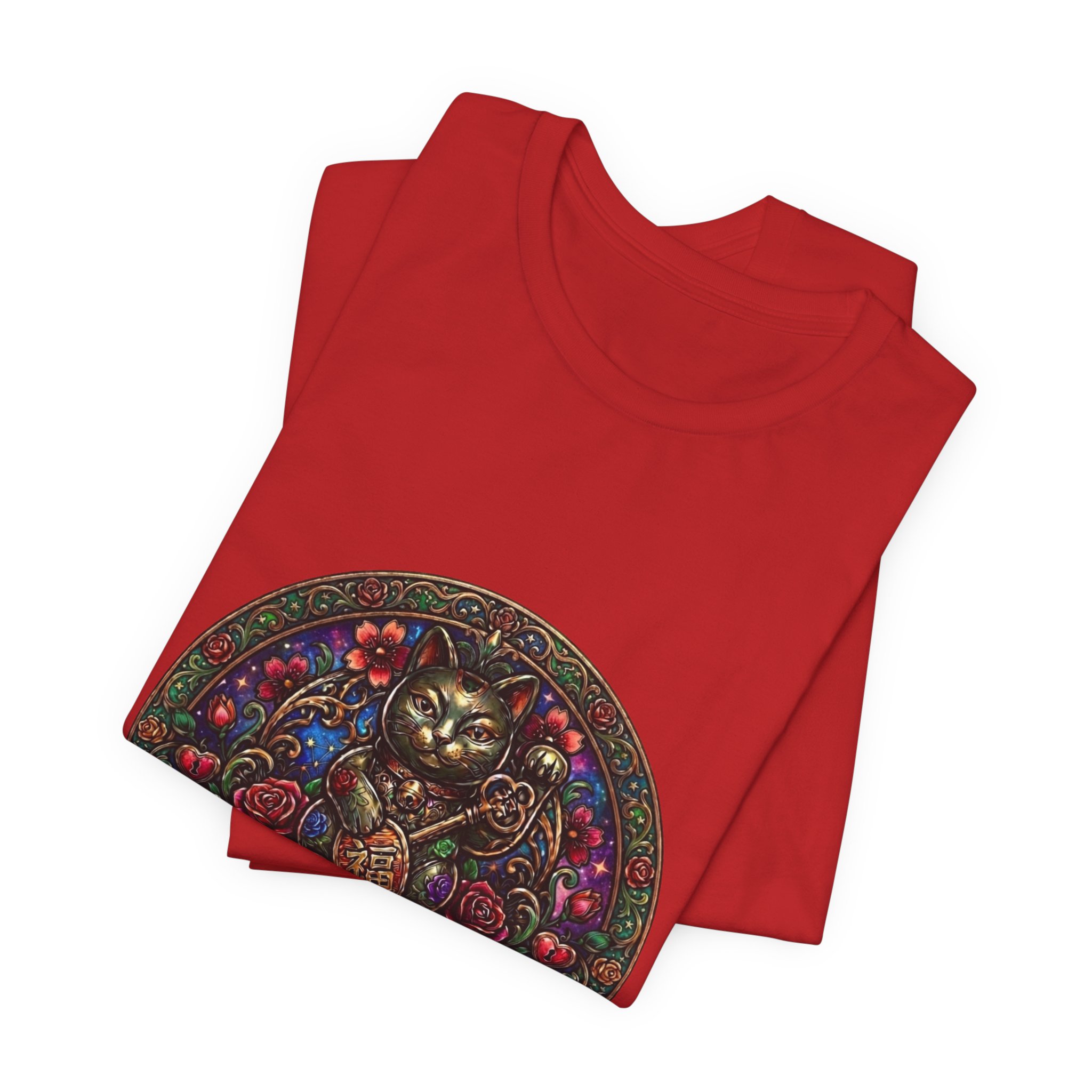 Lucky Cat Graphic Tee - "Happy Lucky Baby" Retro Floral Maneki Neko T-Shirt - Image 51