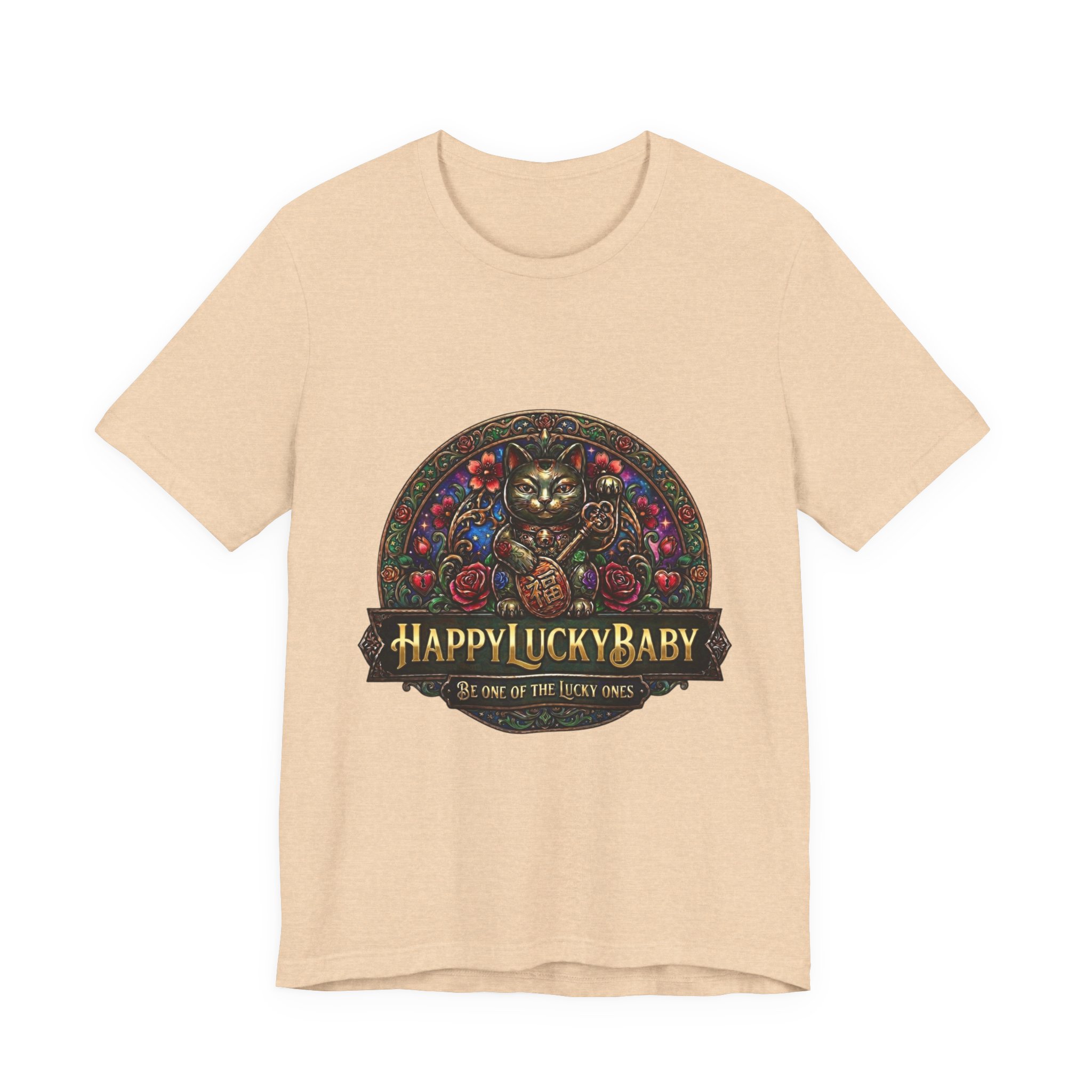 Lucky Cat Graphic Tee - "Happy Lucky Baby" Retro Floral Maneki Neko T-Shirt - Image 21