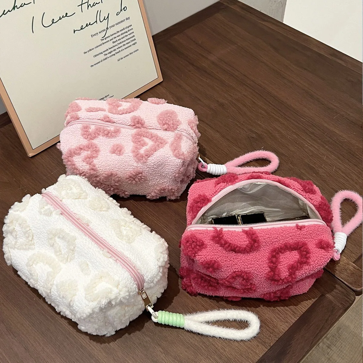 Plush Makeup Bags with Handle Soft Travel Cosmetic Storage Bag Portable Love Print Organizer Pencil Case Cute Clutch Pouch Plush Makeup Bags with Handle Soft Travel Cosmetic Storage Bag Portable Love Print Organizer Pencil Case Cute Clutch Pouch