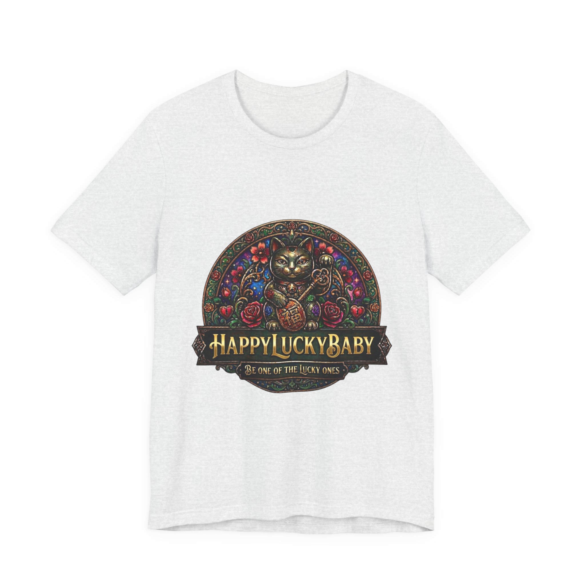 Lucky Cat Graphic Tee - "Happy Lucky Baby" Retro Floral Maneki Neko T-Shirt - Image 5