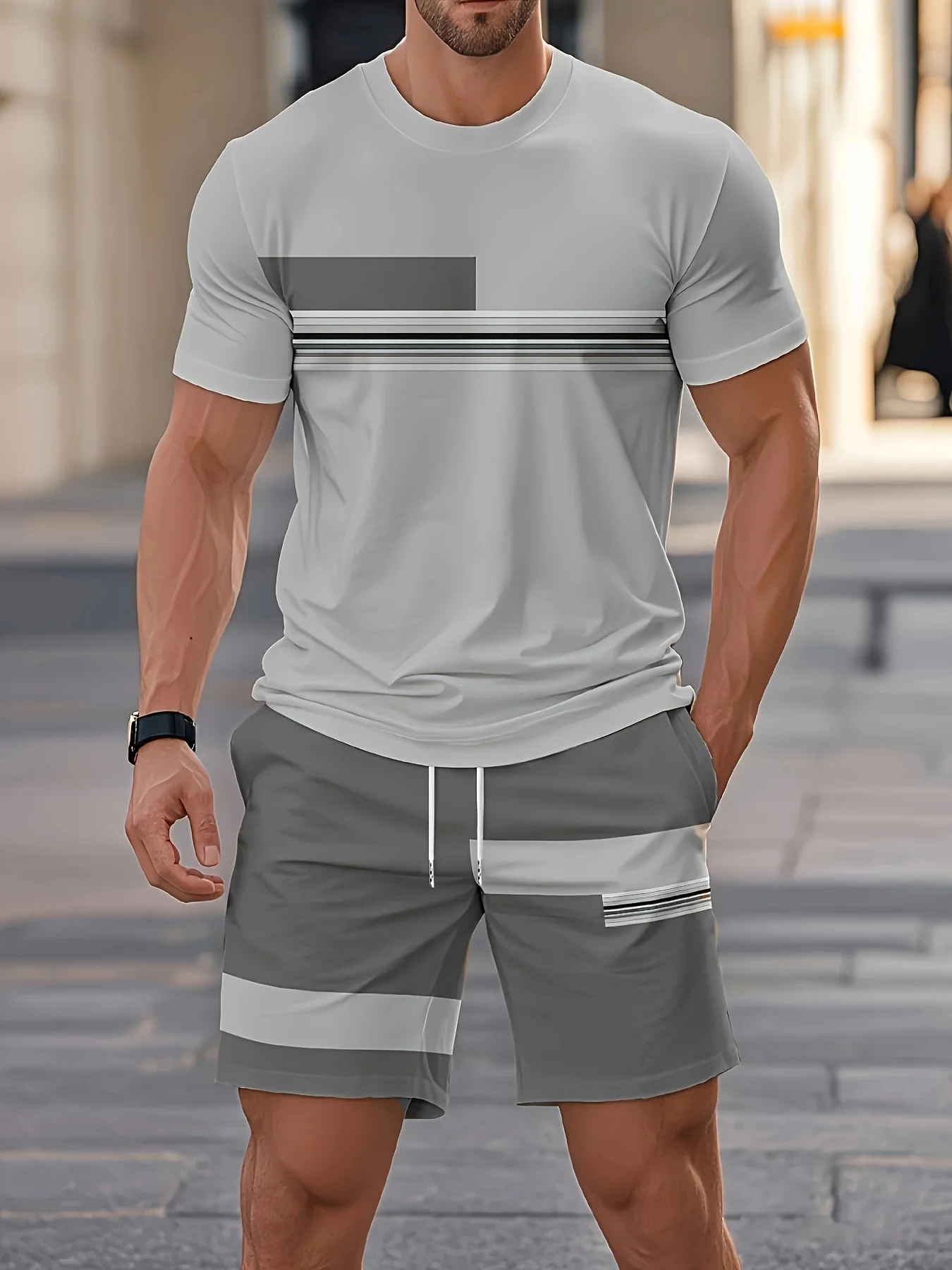 Men's Casual Two-Piece Set Striped Print Short-Sleev& Shorts Men's Casual Two-Piece Set Striped Print Short-Sleev& Shorts