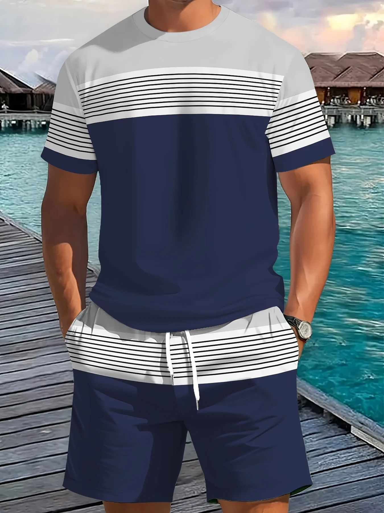 Men's Casual Two-Piece Set Striped Print Short-Sleev& Shorts Men's Casual Two-Piece Set Striped Print Short-Sleev& Shorts