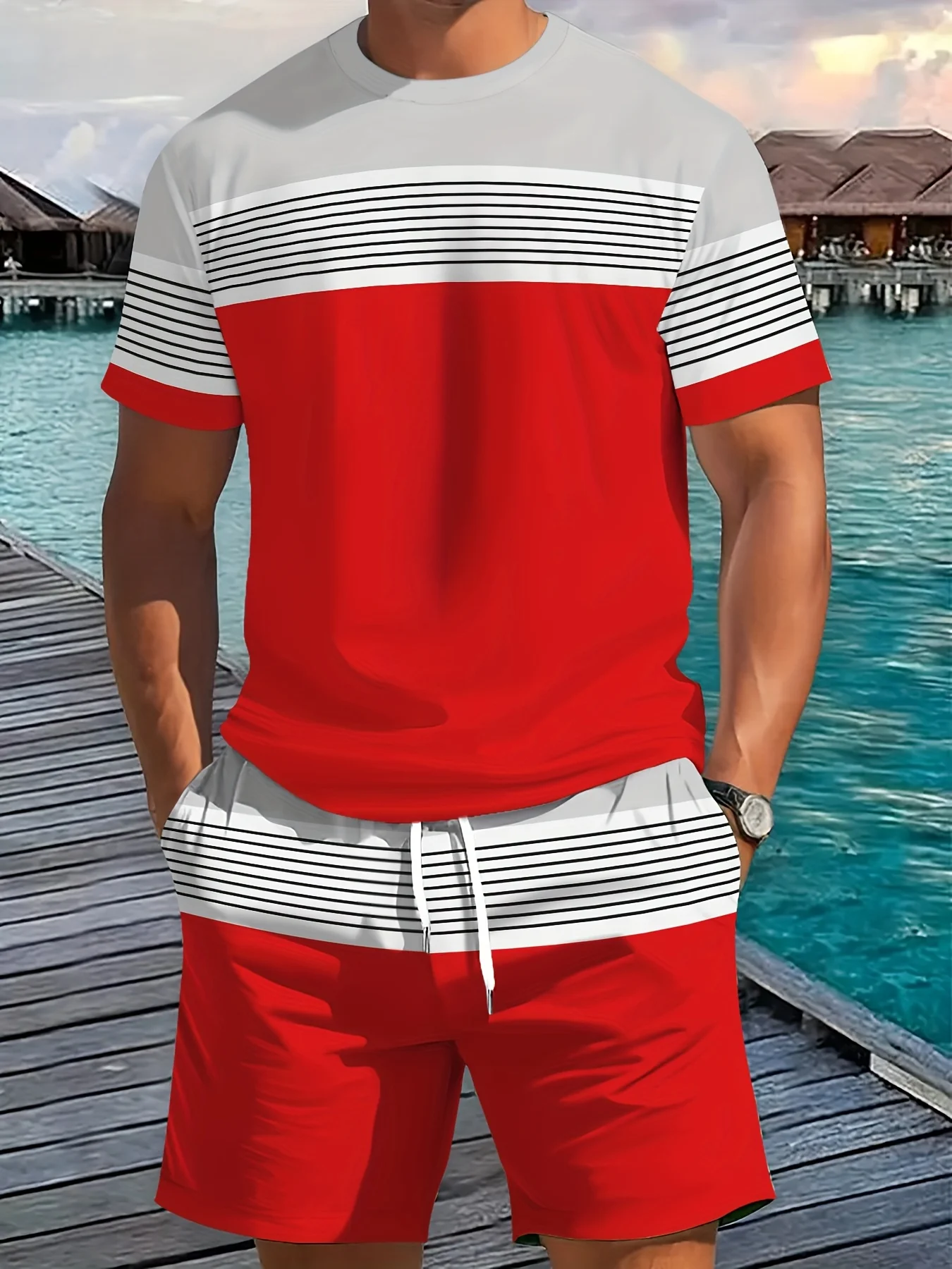 Men's Casual Two-Piece Set Striped Print Short-Sleev& Shorts Men's Casual Two-Piece Set Striped Print Short-Sleev& Shorts