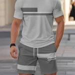 Men's Casual Two-Piece Set Striped Print Short-Sleev& Shorts