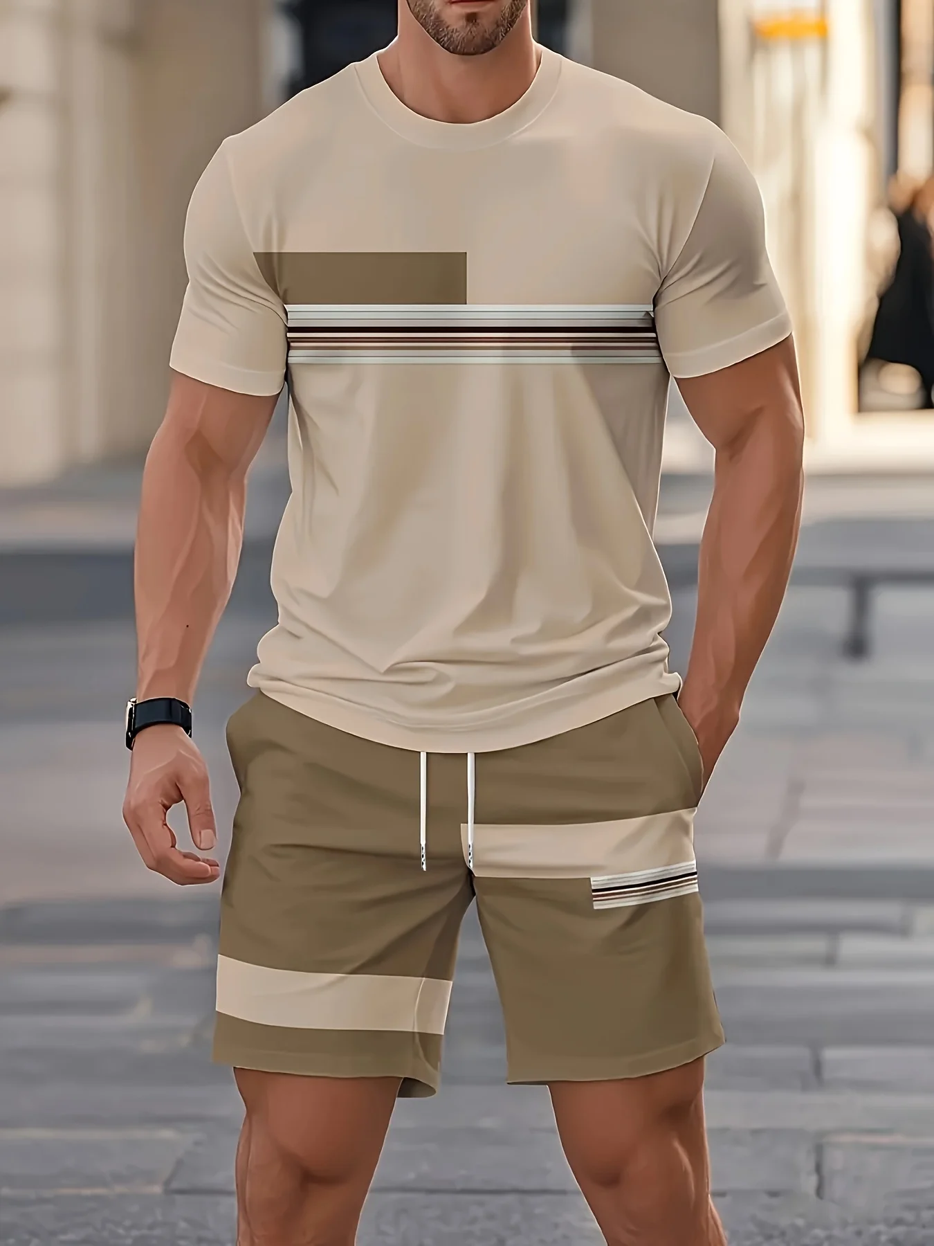 Men's Casual Two-Piece Set Striped Print Short-Sleev& Shorts Men's Casual Two-Piece Set Striped Print Short-Sleev& Shorts