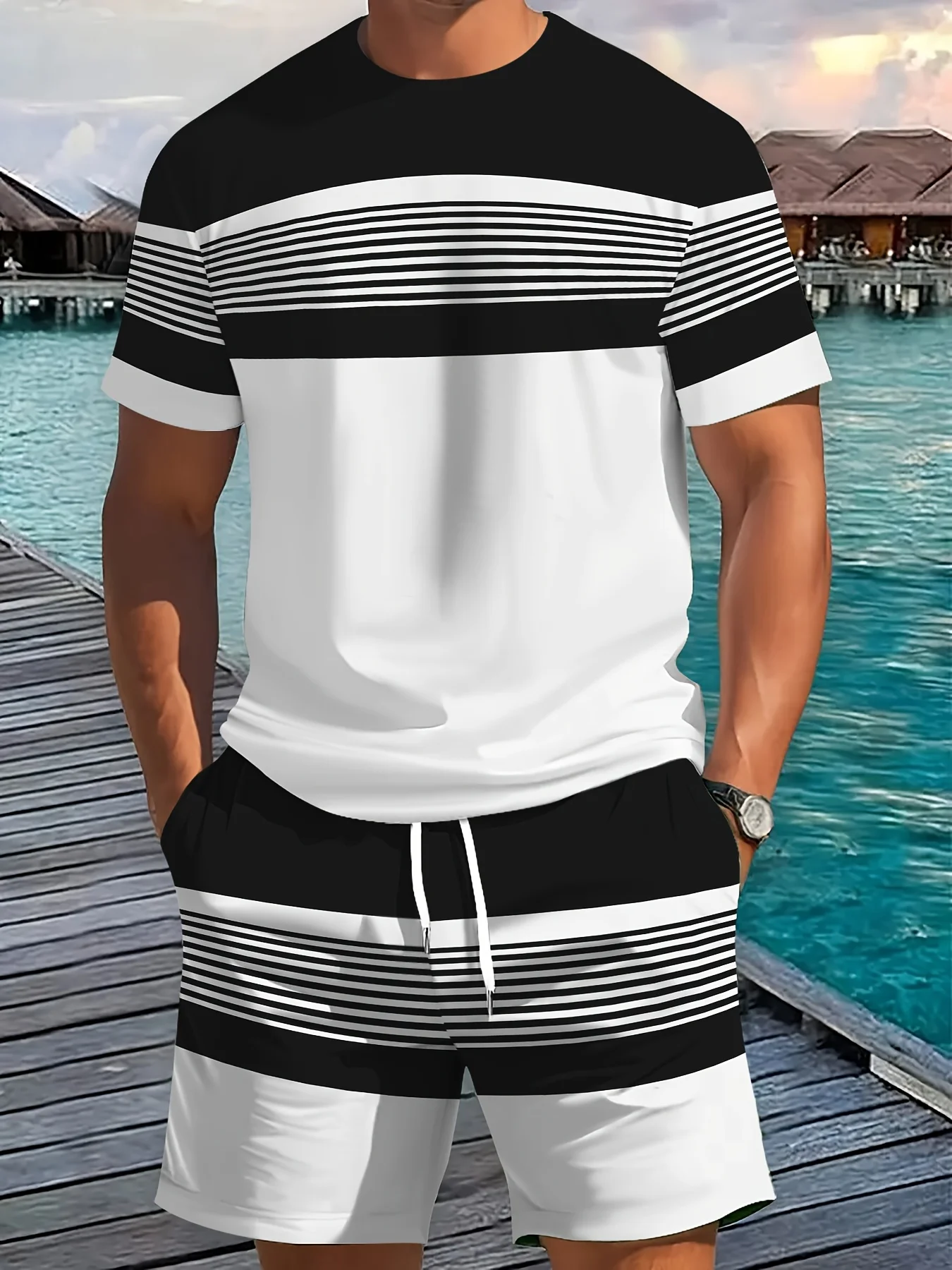Men's Casual Two-Piece Set Striped Print Short-Sleev& Shorts Men's Casual Two-Piece Set Striped Print Short-Sleev& Shorts