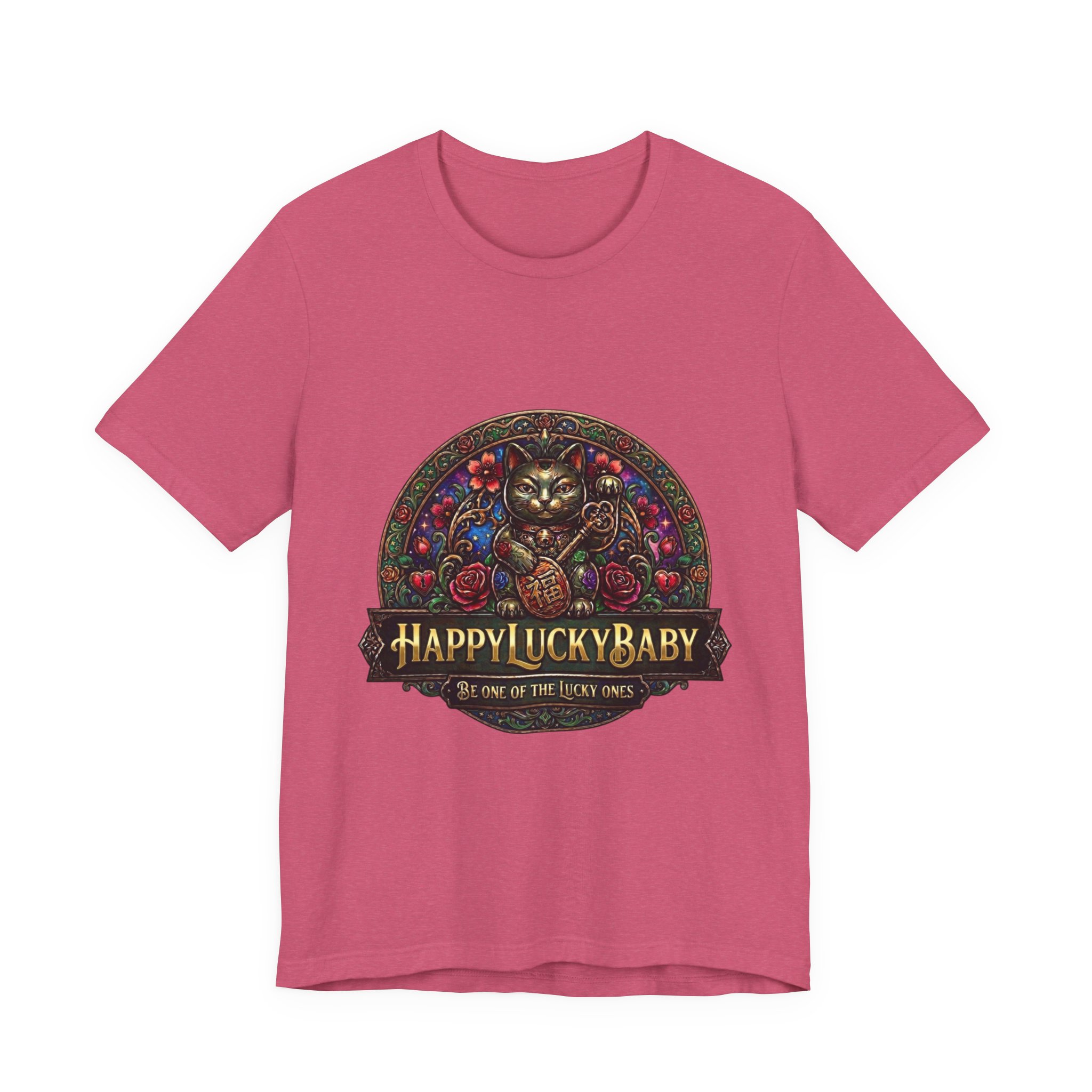 Lucky Cat Graphic Tee - "Happy Lucky Baby" Retro Floral Maneki Neko T-Shirt - Image 41