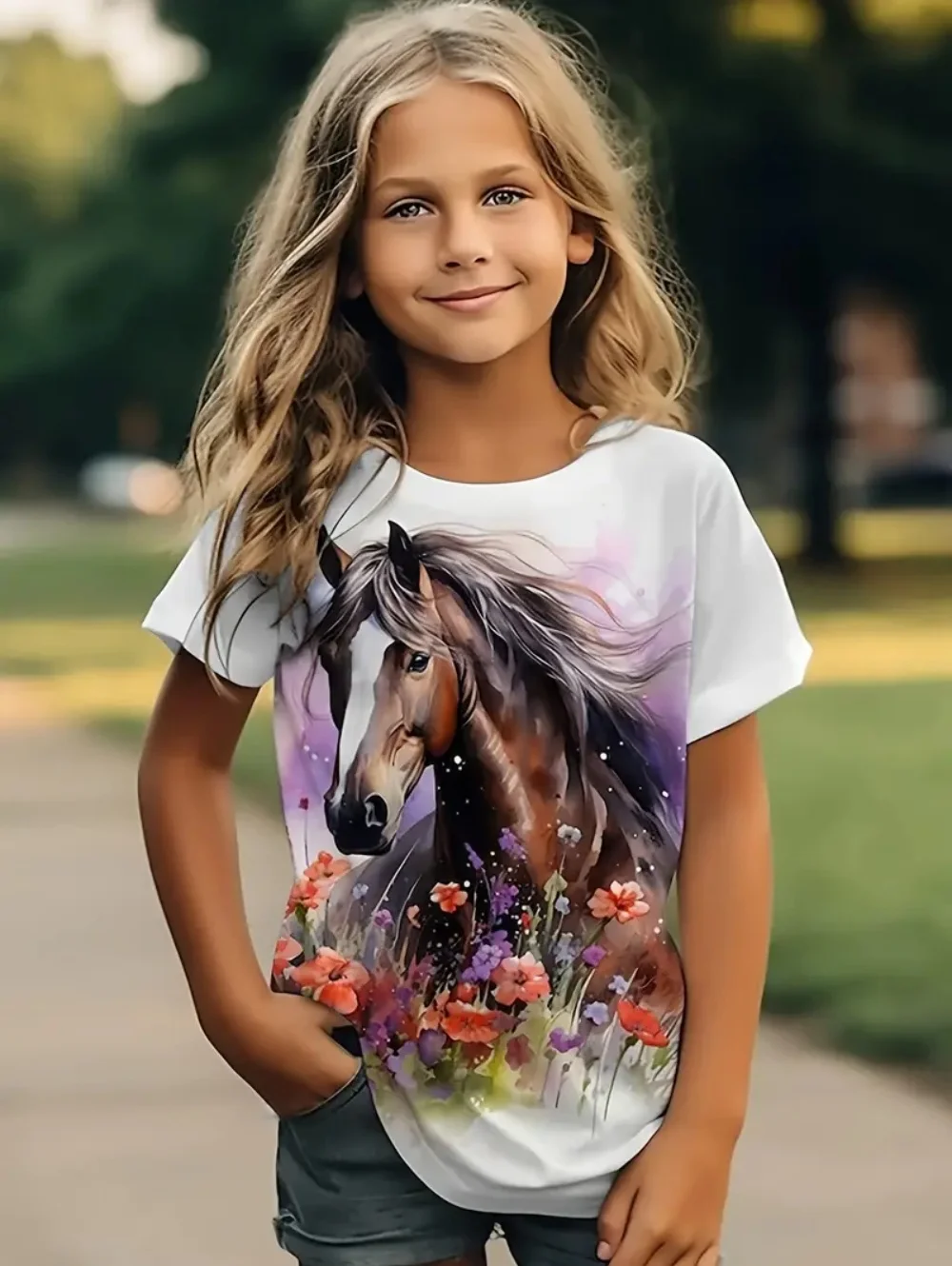 Girl's Cute Animal Horse Print T-Shirts
