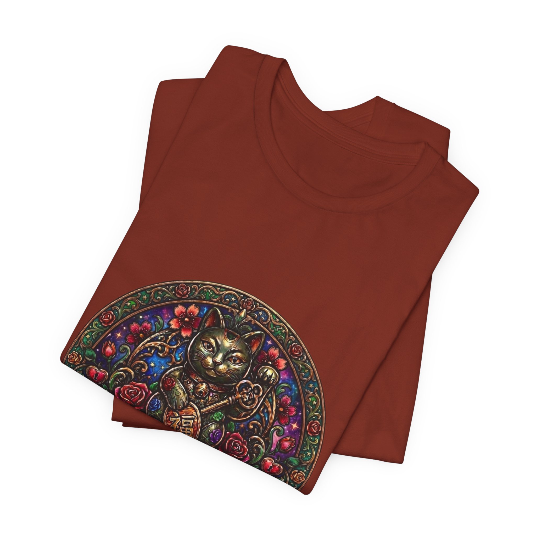 Lucky Cat Graphic Tee - "Happy Lucky Baby" Retro Floral Maneki Neko T-Shirt - Image 15